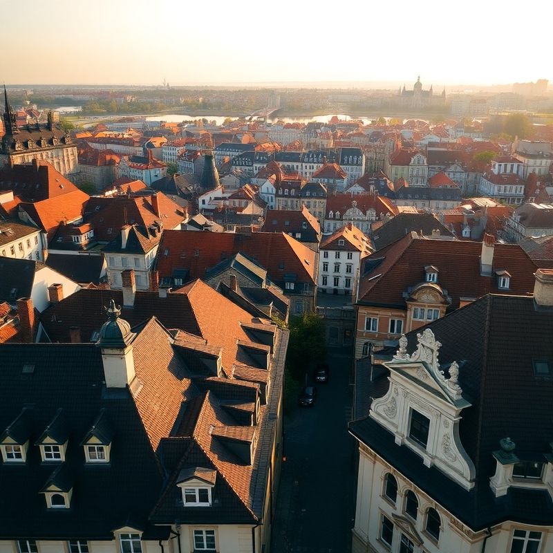 Pohled na pražské střechy a čtvrť Vinohrady v podvečerním světle
